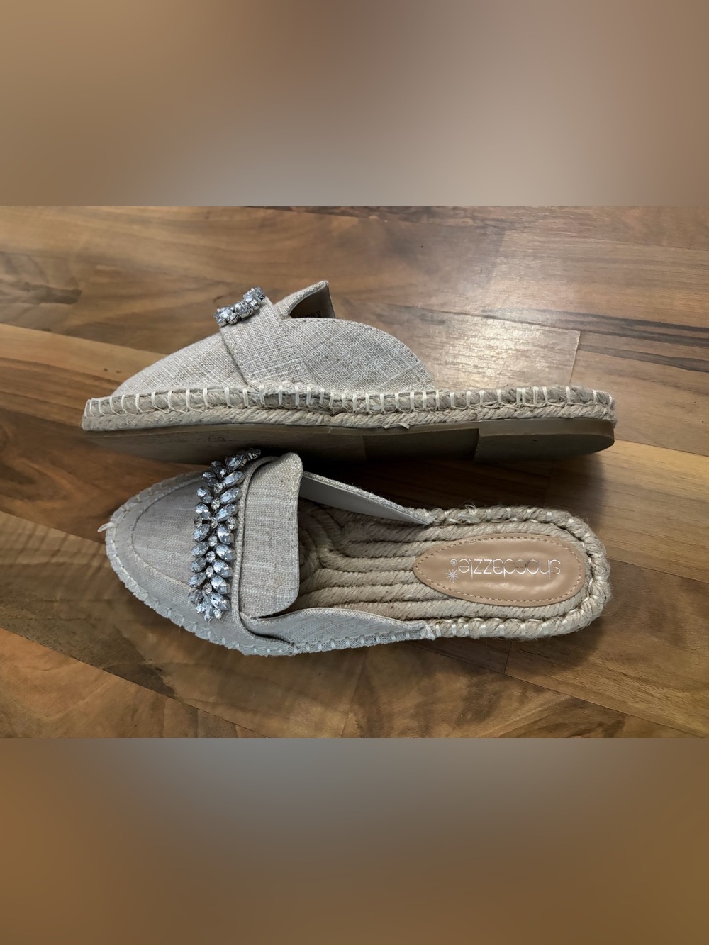 Natural Beige Jeweled Espadrille Mule, 7, Like New